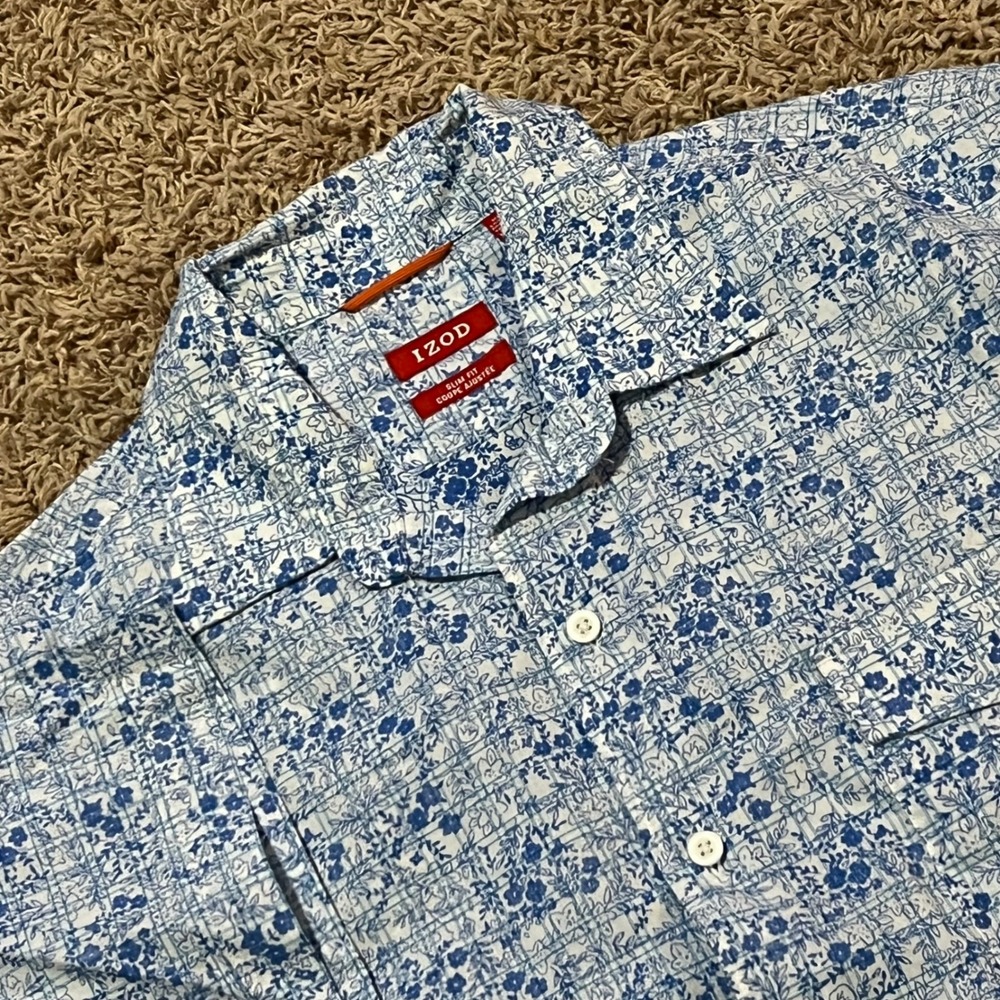 IZOD Mens Slim‎ Fit Short Sleeve Button Up Shirt Blue Floral Print Size M